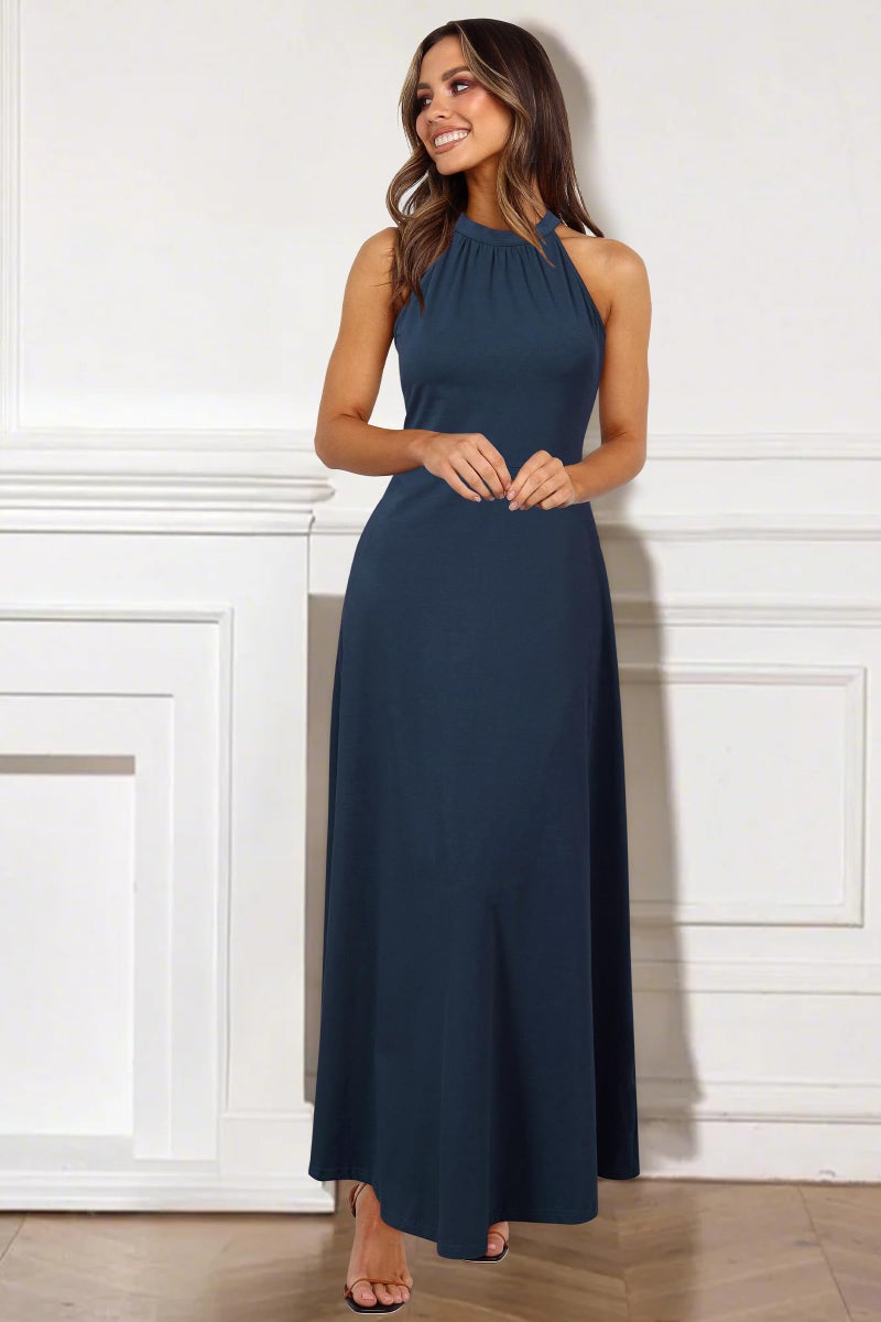 STYLEWORD Women's Summer Halter Neck Long Semi Formal Dress Sexy Sleeveless Cocktail Evening Party Wedding Guest Maxi Dresses(Navy,S) - Image 2